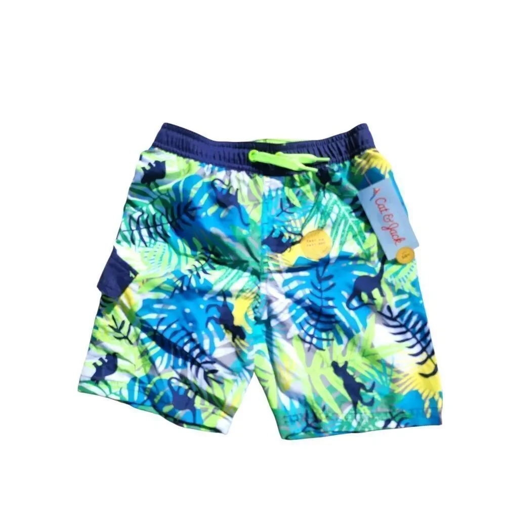 Cat & Jack Swim Trunks Lot of 2 Shorts Mesh Lined Sharks Striped Boys XS 4/5